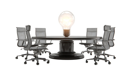 A bright idea light bulb on a conference table isolated on transparent background.