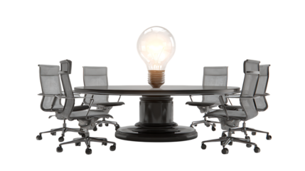 A bright idea light bulb on a conference table isolated on transparent background.