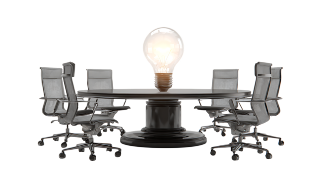 A bright idea light bulb on a conference table isolated on transparent background.