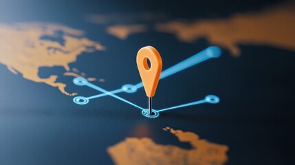 A digital map display showing a globe with a bright orange location pin indicating a specific point on the worldwide network of continents and oceans