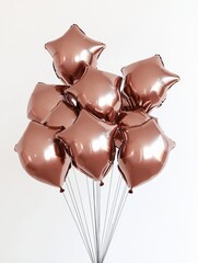 A cluster of shimmering rose gold star shaped balloons floating elegantly against a clean white backdrop creating a festive and stylish celeb n display