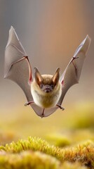 Obraz premium In the soft twilight, a brown long-eared bat glides effortlessly through the air, showcasing its delicate wings. Below, vibrant moss creates a serene, green carpet, adding to the enchanting scene