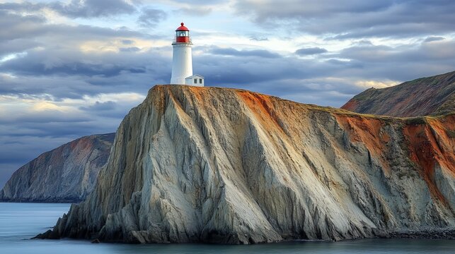 White lighthouse stands atop a steep cliff with layered rock formations overlooking the calm blue sea under a cloudy sky.