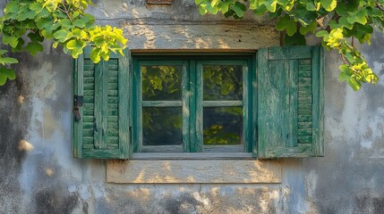 Window with green shutters adorns a weathered wall, partially framed by vine foliage in bright sunlight.