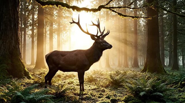 A majestic wild deer, either a stag with impressive antlers or a graceful doe, traversing a pristine natural habitat. Showcases the animal's natural elegance and power within its untouched?