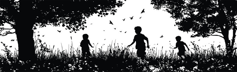 Silhouette, children, playing, nature, trees, grass, outdoor, park, freebirds, wildflowers, black and white, lifestyle, scenic, peaceful, countryside, minimalistic, childhood, exploration, innocence