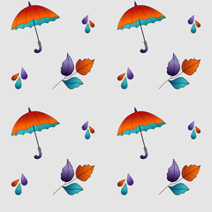 Colorful seamless pattern with umbrellas, leaves, and rain drops. Cozy autumn design for fabric, packaging, stationery, and seasonal decoration projects.