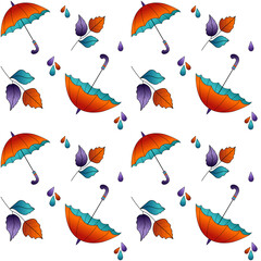 Bright seamless pattern with umbrellas, autumn leaves, and raindrops in modern flat style. Perfect for seasonal wrapping paper, textile design, or greeting cards.