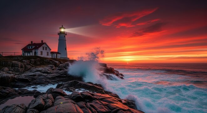 Lighthouse at Sunset: Dramatic View of a Lighthouse on a Rocky Shore with Crashing Waves Under a Bright Orange and Red Sky for Guidance and Protection