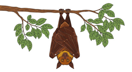 A bat hangs upside down from a branch, its wings folded, isolated on transparent background, illustration