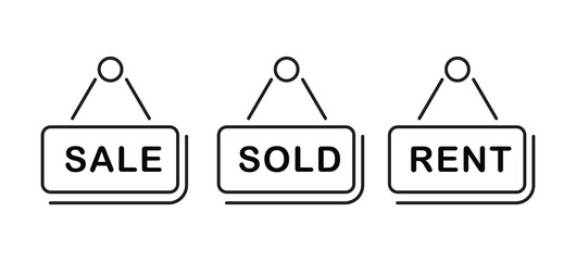 Real estate signs Sale, Sold, Rent. Minimalist icons for property transactions and rental listings