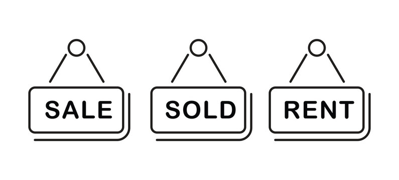 Real estate signs Sale, Sold, Rent. Minimalist icons for property transactions and rental listings