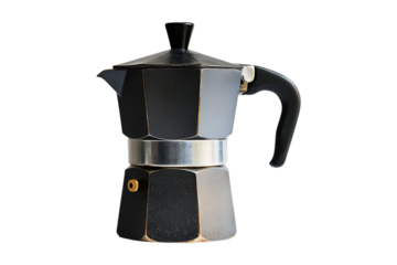 black stovetop moka pot coffee maker on transparent background