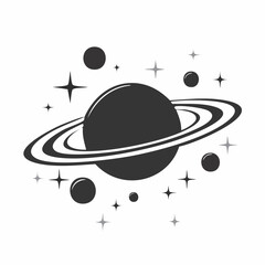 Minimalist black silhouette illustration of a saturn like planet with wide prominent rings evoking a sense of cosmic wonder and celestial beauty in a clean modern design © Masum