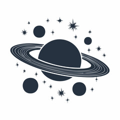 Minimalist black silhouette illustration of a saturn like planet with prominent wide rings evoking a sense of cosmic wonder and simplicity in space © Masum