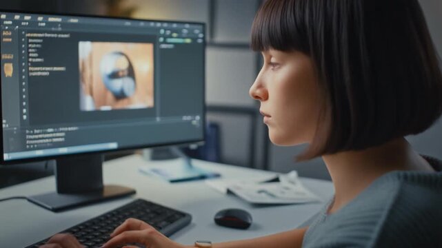 Female Game Developer Designing 3D Assets in Quiet Workspace