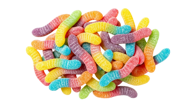 Colorful gummy worms isolated on transparent background sweet and chewy candy for kids and adults alike