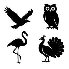 Set of four elegant black flat vector animal silhouettes featuring an eagle owl flamingo and peacock for diverse design applications