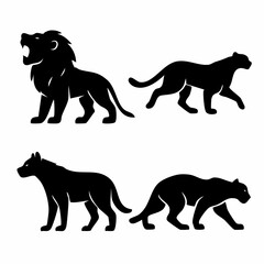 Set of four distinct african animal silhouettes including a powerful lion a swift cheetah a cunning hyena and a sleek black panther presented as flat black vector icons