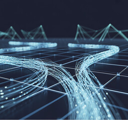 artificial intelligence abstract background, Robot and human hands interacting, Hand holding virtual Global Internet connection,Futuristic cityscape with glowing lines,Modern workspace with computer