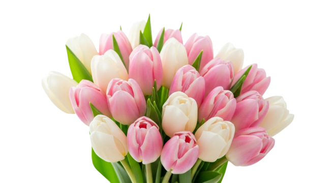 Beautiful bouquet of pink and white tulips isolated on transparent background, a symbol of love and appreciation