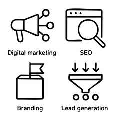 Set of four thin line editable icons representing digital marketing search engine optimization branding and lead generation strategies for business growth
