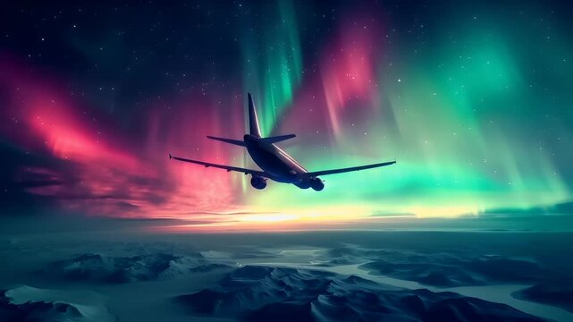 Aurora Borealis and airplane in flight with vibrant colors of the aurora borealis in the background.