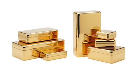 Stacks of shiny gold bars and boxes isolated on transparent background, a symbol of wealth and prosperity