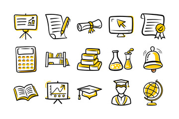 Yellow Education and School Icons Set – Learning, Study, and Academic Vector Design