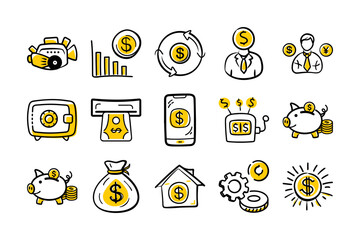 Hand-Drawn Finance and Banking Icons – Money, Investment, and Savings Vector Set
