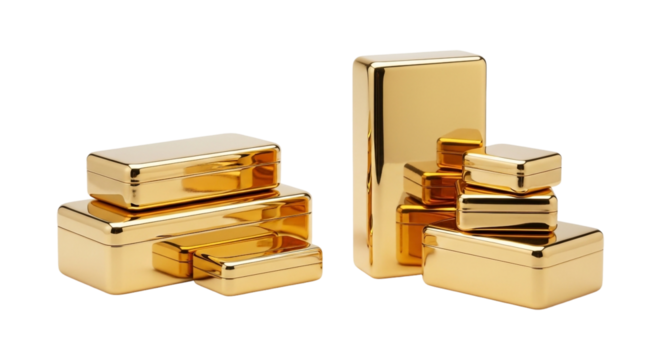 Stacks of shiny gold bars and boxes isolated on transparent background, a symbol of wealth and prosperity