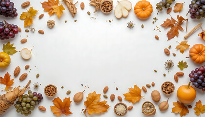 Autumn Harvest Frame with Pumpkins Grapes Nuts Leaves and Sliced Fruit in Warm Colors