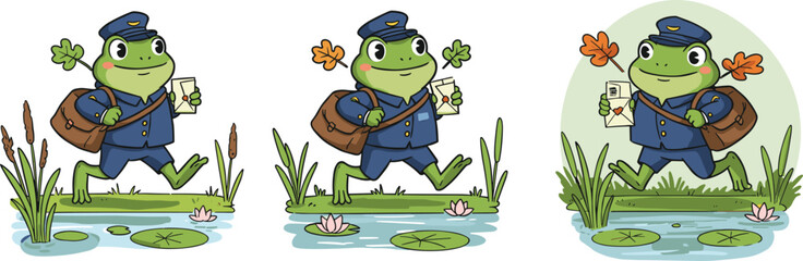 Cute frog postman walking on lily pond, carrying mail and autumn leaves, adorable cartoon animal mail carrier illustration art