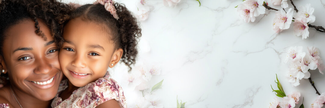 Aconchegante abra&ccedil;o de m&atilde;e e filha em uma data especial, banner para sites e an&uacute;ncios em fundo florido