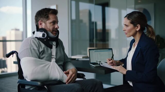 Injured man in wheelchair with neck brace and arm sling consulting with insurance representative to claim financial compensation in office.