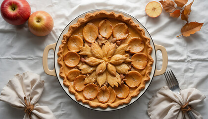 Apple Pie with Sliced Apples and Decorative Fruit on White Tablecloth
