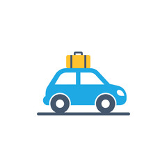 Fototapeta premium Blue car carrying yellow suitcase on roof driving on road symbolizing vacation travel and adventure.