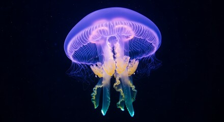 Obraz premium Translucent jellyfish drifting in deep blue with luminous bell and tendrils
