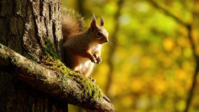 A small, energetic squirrel meticulously foraging for nuts and seeds on a sun dappled forest floor, showcasing its natural instinct and agility. Close up, eye level shot