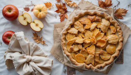 Apple Pie with Golden Apple Slices and Autumn Leaves on White Surface