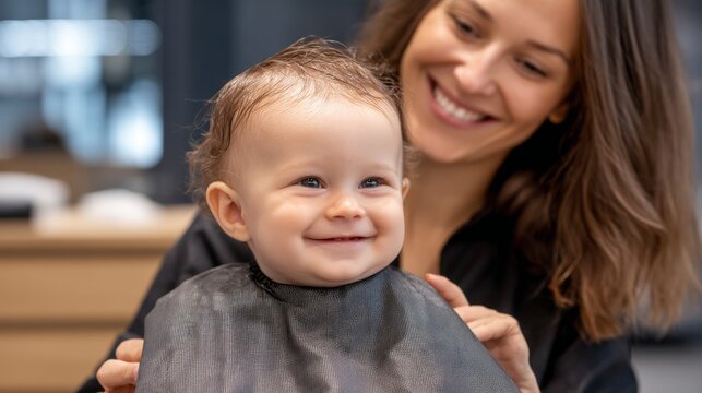 A cheerful little boy sits in a salon, smiling as a stylist prepares for his first haircut. The warm atmosphere reflects the excitement of this special milestone in his early life