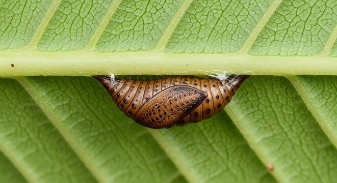 Macro snail crossing a fresh green leaf with dew and intricate shell spiral