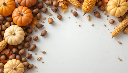 Autumnal Fall Decor with Small Pumpkins Corn Cobs and Nuts on White Background