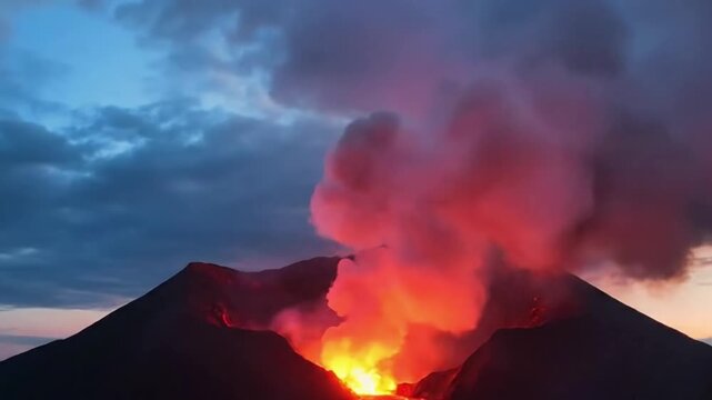 Dynamic aerial perspective capturing a majestic stratovolcano's active summit, with molten lava streams cascading down its slopes against a twilight sky.
