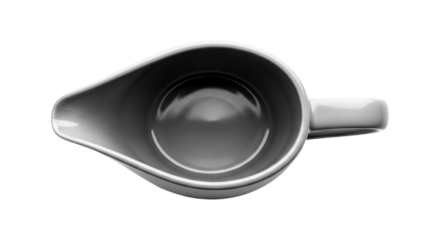 Overhead shot of a gray ceramic gravy boat isolated on transparent background, showcasing its sleek design and functionality