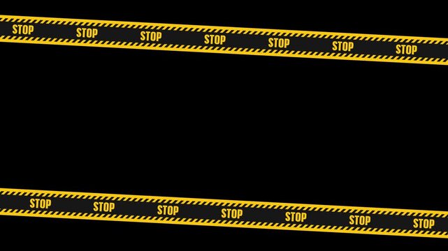 Animated stop caution tape border on transparent background. Diagonal warning barrier loop for restricted area, danger zone, police crime scene, safety alert overlay. Seamless motion graphic element