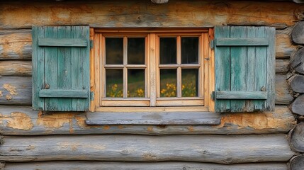 Wooden window with teal shutters is set in a log cabin wall overlooking a field of yellow flowers.