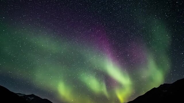 Mesmerizing slow motion shot of a vibrant, multi colored aurora borealis gracefully undulating and shimmering against the black canvas of the polar night sky.