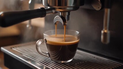 Freshly brewed espresso being poured from a coffee machine into a clear glass cup, creating rich crema on top