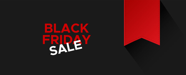 Black Friday sale banner with red ribbon on black background. Vector template for advertising.